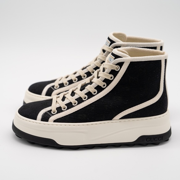 38G 8 US Gucci High Tennis 1977 Black High Top White Canvas Sneakers - Picture 4 of 11
